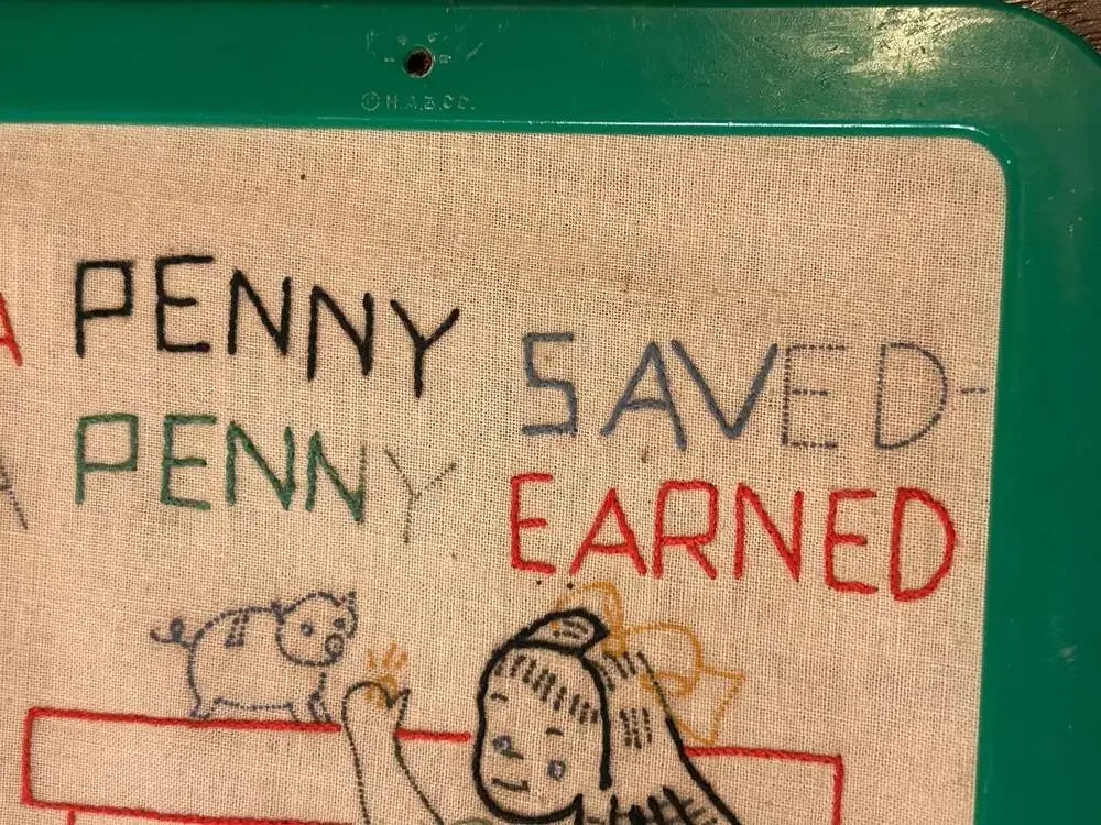 VTG Highland Art Embroidery Stitch a Story Wall Art A Penny Saved A Penny Earned